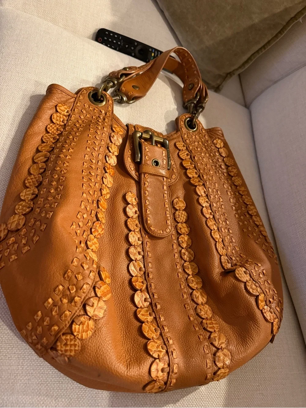 Isabella Fiore Vintage Cognac Brown Leather Whipstitch Applique Hobo Bag